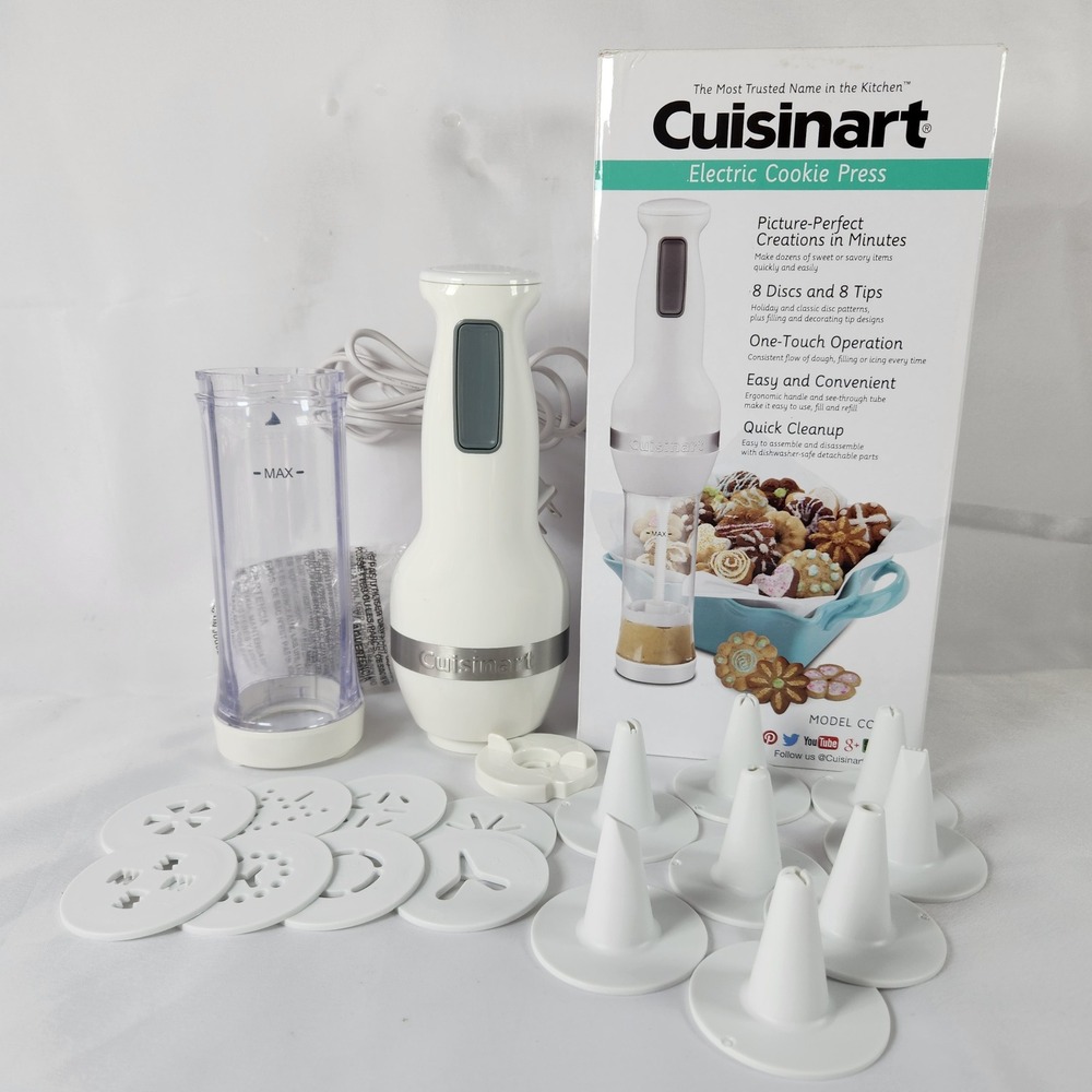 Cuisinart CCP-20 Electric Cookie Press White 8 Discs 8 Tips One-Touch Operation